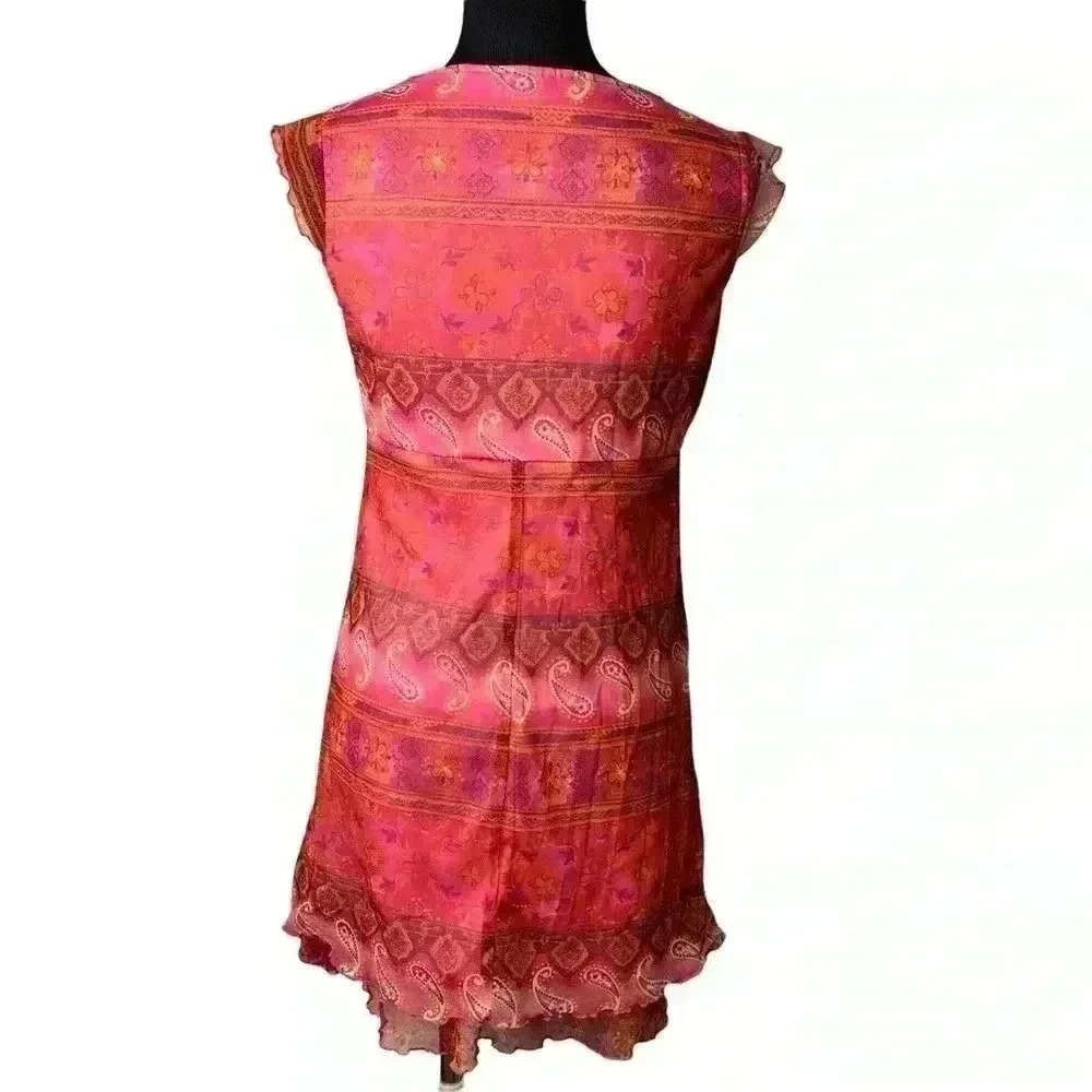 Vintage Y2K floral mesh mini dress cap sleeve pink orange 2000s - Picture 3 of 6